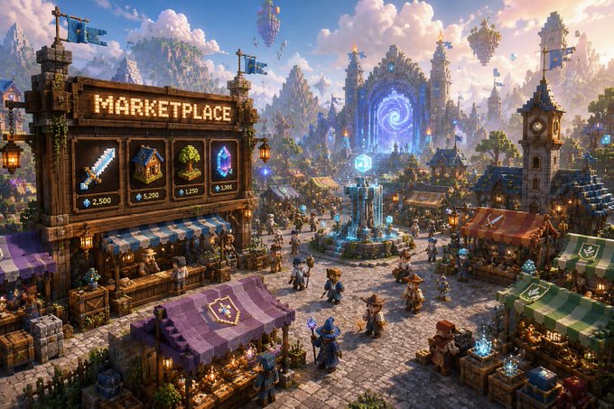 A detailed fantasy video game scene of a bustling 'MARKETPLACE' square with a wooden sign displaying prices for items like a sword (2,500) and a house (5,200), populated by various character avatars and surrounded by floating islands and castles.