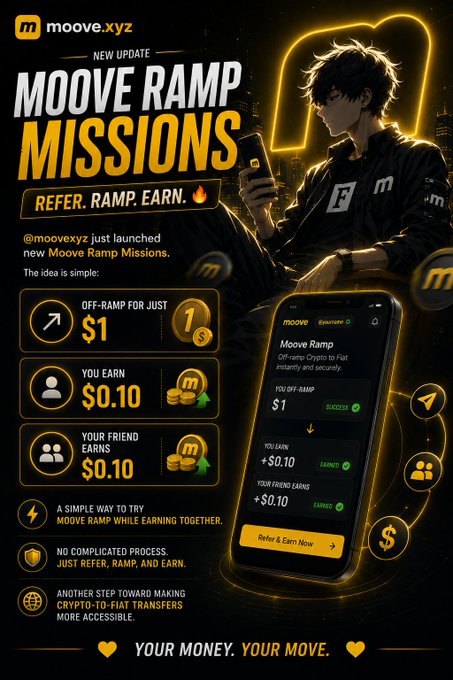 A promotional graphic for 'moove.xyz' announces 'MOOVE RAMP MISSIONS' with text 'REFER. RAMP. EARN.' and details about earning $0.10 per referral.
