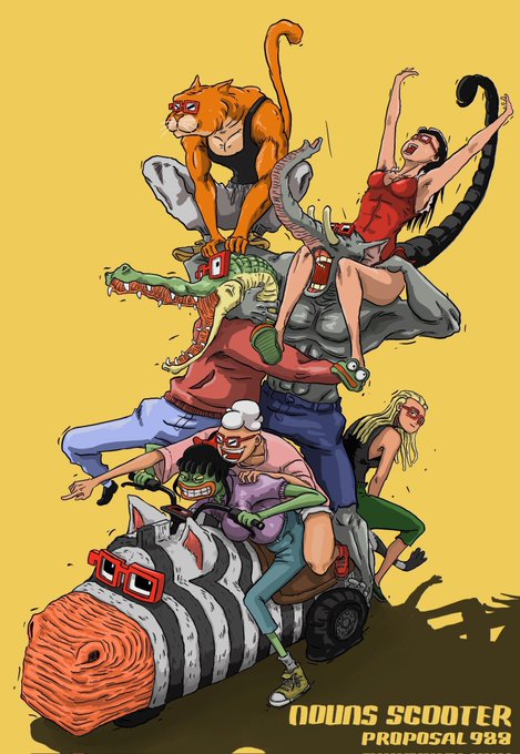 A vibrant cartoon illustration titled 'NOUNS SCOOTER PROPOSAL 983' depicts a group of characters, including a crocodile and a cat, riding on the shoulders of others, all stacked onto a mechanical zebra-like creature.