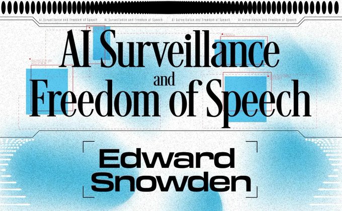 A promotional graphic for Edward Snowden's memoir *AI Surveillance and Freedom of Speech*, featuring a noisy blue and white halftone design with repeated title text and bracketed name treatment. The post connects it to Snowden's reunion with the NYM team in Switzerland, where he appears to be promoting his book.
