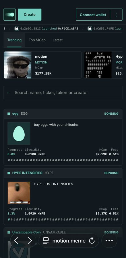 The screenshot shows a cryptocurrency trading interface with "motion" listed as a trending token with a market cap of $177.18K, directly relating to the post mentioning "$MOTION at 1.1m mcap".