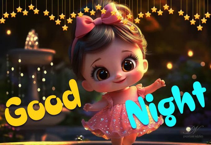 A cartoon illustration of a little girl in a pink dress with stars and lights in the background, with text reading 'Good Night'.