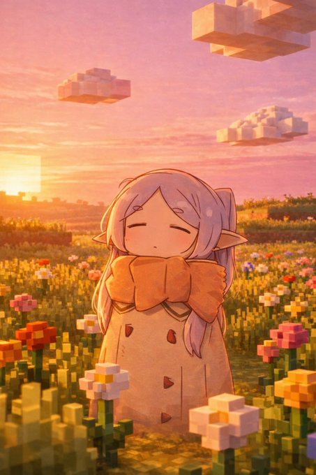 Anime-style illustration of an elf girl with light purple hair wearing a beige coat, standing peacefully with closed eyes in a Minecraft-inspired flower field at sunset with blocky clouds overhead.