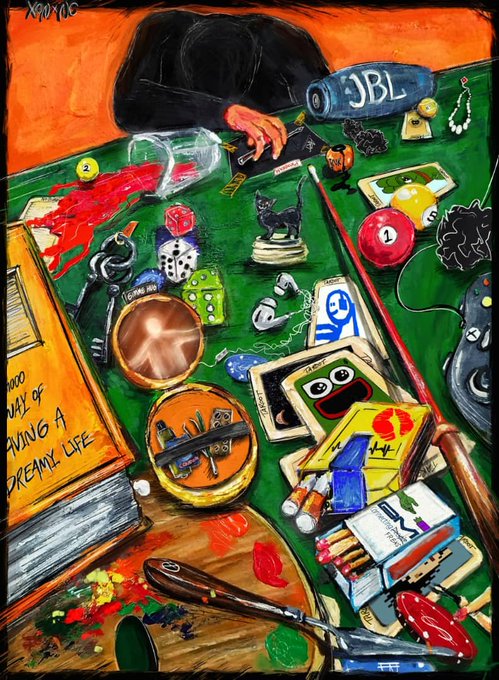 A vibrant, expressionistic painting depicts a cluttered green surface scattered with various objects including dice, a JBL speaker, a pool cue, balls, and books, with text including 'I GOT 99 PROBLEMS' and 'DAY OF LIVING A DREAMY LIFE'.