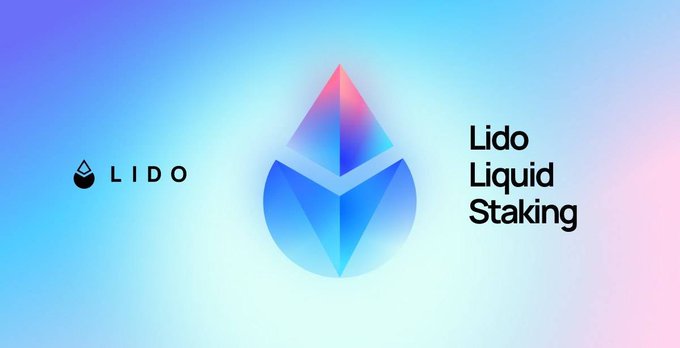 A promotional graphic for 'Lido Liquid Staking' features the Lido logo and a blue Ethereum-style diamond icon against a pastel gradient background.