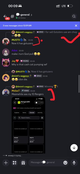 A Discord chat screenshot showing messages in '#-general' with users discussing 'gotuzero' and 'MOMO,' with a link to a 'RengersRH' page selling emotes and stickers.
