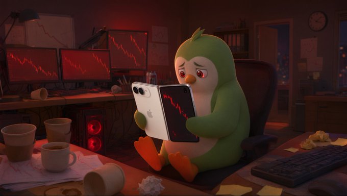 A digital illustration of a sad, green penguin-like character sitting in an office chair, holding a smartphone with red charts, surrounded by multiple computer monitors displaying downward-trending red graphs, coffee cups, and crumpled papers.