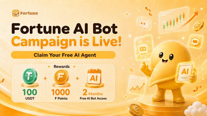A bright yellow promotional banner for the "Fortune AI Bot Campaign is Live!" features a cheerful mascot alongside trading charts and reward details, offering 100 USDT, 1000 F Points, and 2 months of free AI Bot access to participants during the August 12-31, 2026 activity period.