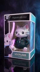 A packaged Hypurr generative figurine featuring a stylized gray cat character with blue eyes wearing a black jacket, displayed in its branded box against a dark, smoky background — a playful visual companion to the "meow" caption.