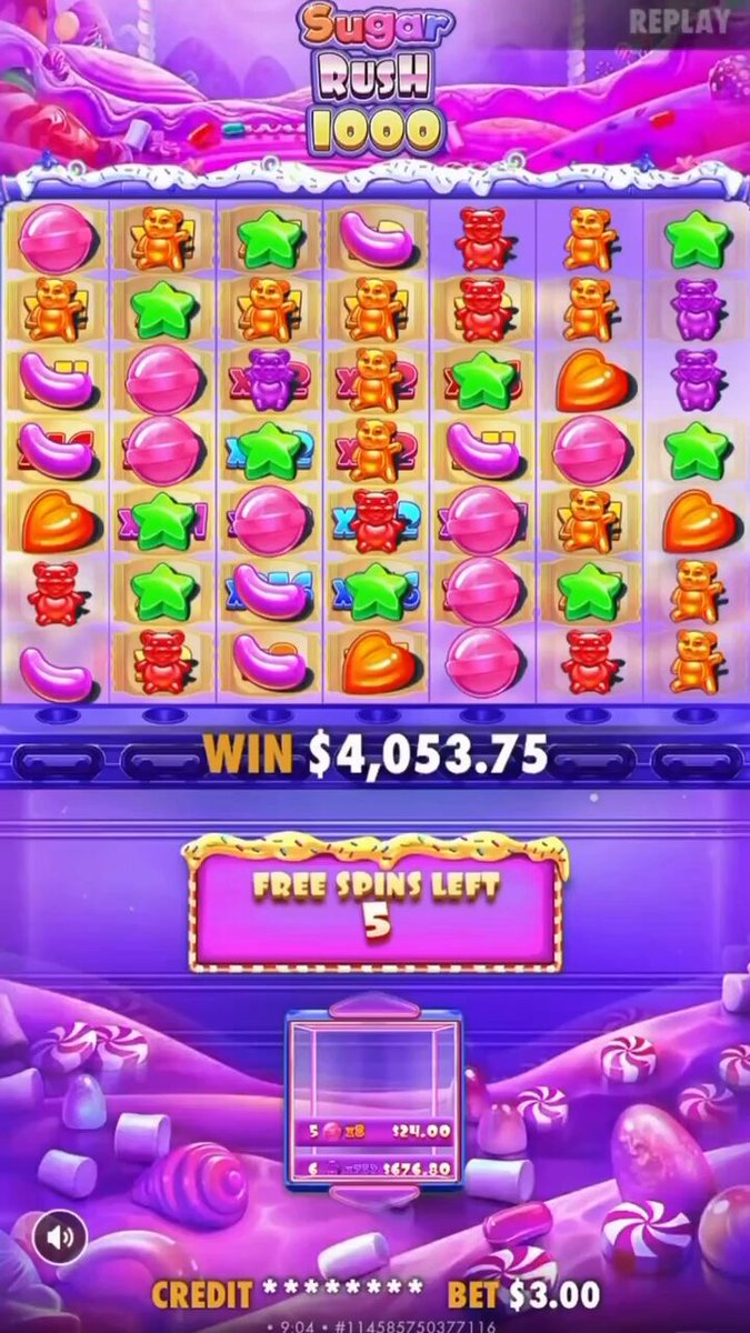 The image features a slot machine game with a large purple background decorated with candy elements such as jelly beans and gummy bears. A prominent feature of this particular casino game is that for every $4 played, players receive free spins left on the rewind wheel until they've gained $40. The post emphasizes the benefits of playing this game to maximize their winnings and encourages users to take advantage of the airdrop offer while sharing the news with others in the comments section.