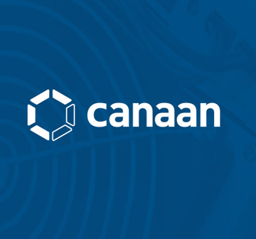 The image shows the logo of Canaan, a Bitcoin mining hardware manufacturer, displayed against a blue background. The caption highlights the company's branding, suggesting irony given the post's message about public Bitcoin miners exiting the Bitcoin mining industry, likely pivoting to AI and HPC services.