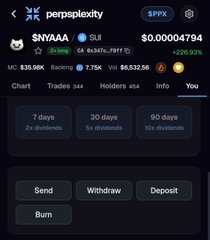 A Perplexity mobile app interface displaying token information for $NYAAA (SOL) on a token contract address, priced at $0.00004794, with tabs for Chart, Trades, Holders, and action buttons for Send, Withdraw, Deposit, and Burn.