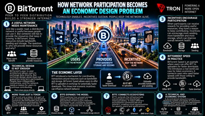 A detailed infographic titled 'HOW NETWORK PARTICIPATION BECOMES AN ECONOMIC DESIGN PROBLEM' explaining the BitTorrent (BTT) and TRON ecosystem with eight numbered points about technical design, incentives, and token mechanics.