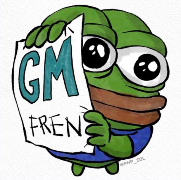 A cartoon illustration of Pepe the Frog holding a "GM FREN" sign, watermarked with @PHP_SOL.