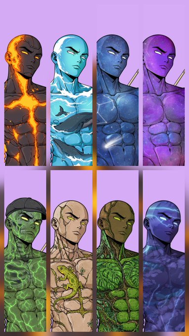 An illustration featuring eight stylized humanoid figures arranged in two rows of four, each with different elemental or thematic body designs including lava, water, ocean, sky, earth, stone, plant, and lightning.