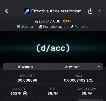 The image shows a token tracker page for "Effective Accelerationism" ($e/acc) on the Solana blockchain via PumpSwap, displaying a price of $0.008896 (0.00007402 SOL), a market cap and FDV of $8.7M, and liquidity of $527K, with "(d/acc)" written in large text. It serves as visual proof of the poster's claim about $e/acc's rapid growth from a $50K market cap to $30M, which they reference to promote their newer token, $tobey, currently at just $60K.