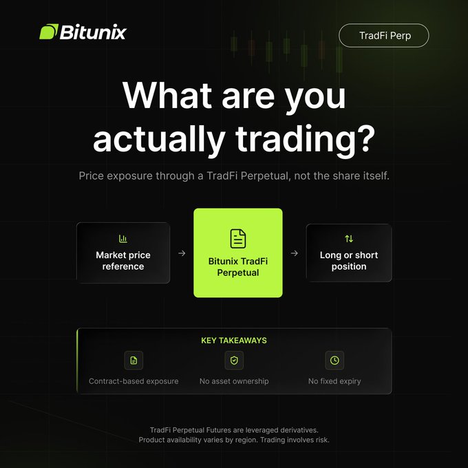Bitunix promotional graphic titled "What are you actually trading?" explains that users trade price exposure through a TradFi Perpetual rather than owning the underlying share, showing a flow from market price reference to the Bitunix TradFi Perpetual to taking a long or short position, with key takeaways noting contract-based exposure, no asset ownership, and no fixed expiry. The image visually reinforces the post's message of being able to "see the move and trade the exposure" by going long or short without holding the actual shares.