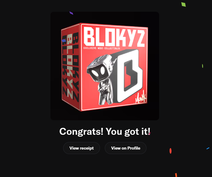Digital collectible acquisition screen showing a red 'BLOKYZ' Web3 collectible box with the message 'Congrats! You got it!' and buttons to 'View receipt' and 'View on Profile'.