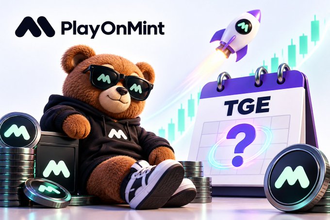 A promotional image for 'PlayOnMint' featuring a 3D-rendered brown bear character wearing sunglasses, surrounded by coins with the 'M' logo, a rocket, a calendar marked 'TGE' with a question mark, and a green stock chart.