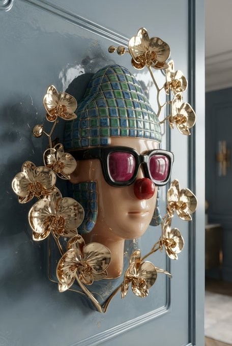 A decorative wall sculpture featuring a ceramic face wearing large black-framed pink-lensed sunglasses and a red clown nose, topped with a blue-green tiled headpiece and surrounded by gold metal flowers on a blue door.