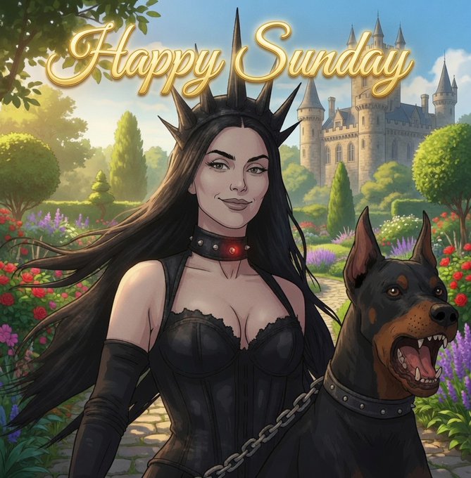 An illustrated fantasy scene features a dark-haired woman in a spiked black crown and corset standing beside a Doberman, with "Happy Sunday" written in gold script across a castle garden backdrop.
