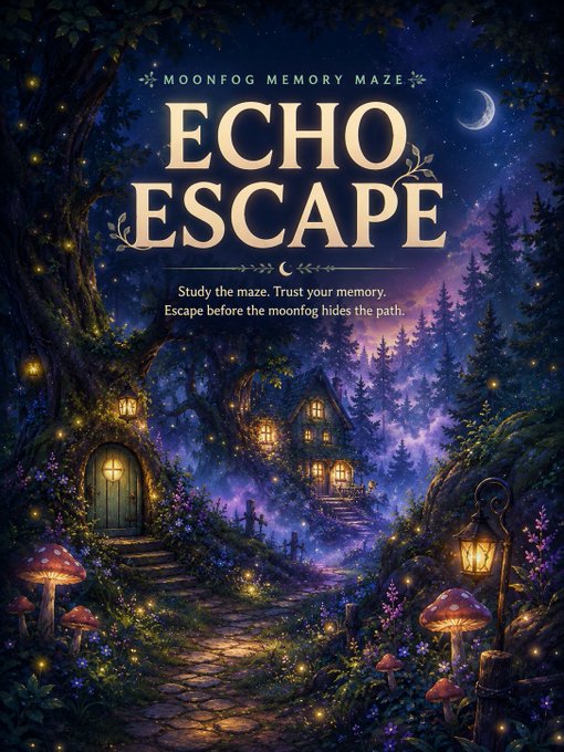 A fantasy digital illustration for 'MOONFOG MEMORY MAZE - ECHO ESCAPE' featuring a glowing cottage, a door in a tree, mushrooms, and a lantern along a path in a misty, starry forest.