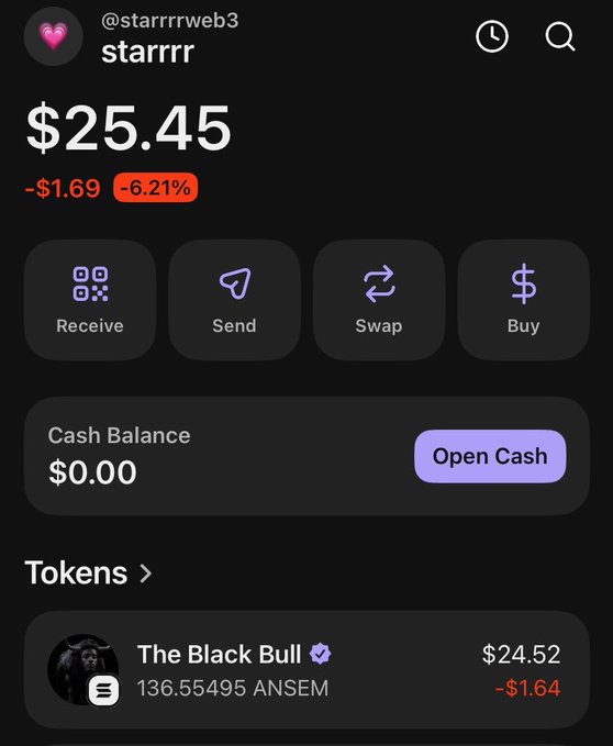 Screenshot of a crypto wallet for '@starrrrweb3' showing a balance of $25.45 (down 6.21%) and a token called 'The Black Bull'.