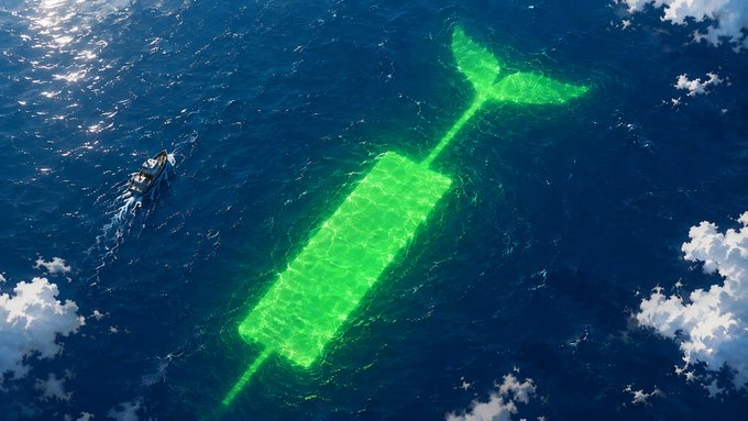 An aerial view shows a large glowing green bottle-shaped pool floating in the open ocean with a small boat nearby.
