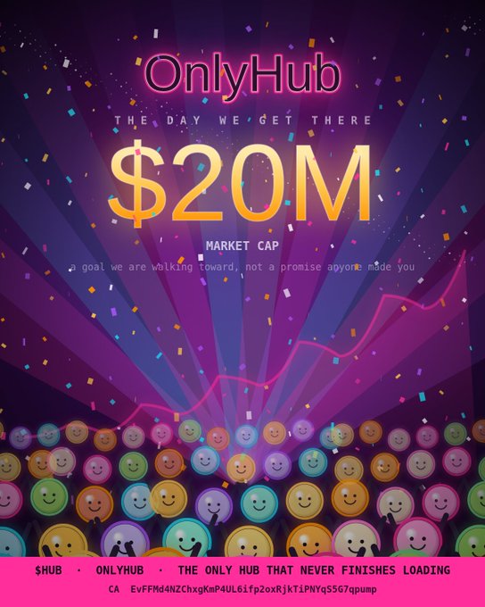 OnlyHub promotional graphic celebrating '$20M MARKET CAP' with the tagline 'The day we get there,' featuring a crowd of smiley face emojis and a rising pink graph on a purple background, with the contract address starting EvFFMd4NZChXgKmP4UL6ifp2oxRjkTiPNYq5567qpump.