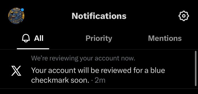 A screenshot of X (Twitter) Notifications showing a message: 'Your account will be reviewed for a blue checkmark soon. • 2m'