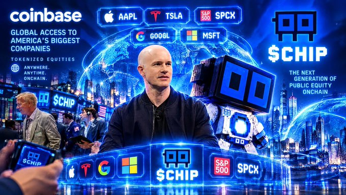 A promotional image for Coinbase featuring Brian Armstrong, highlighting "Global Access to America's Biggest Companies" with tickers AAPL, TSLA, GOOGL, MSFT, and a new "$CHIP" token described as "The Next Generation of Public Equity Onchain."