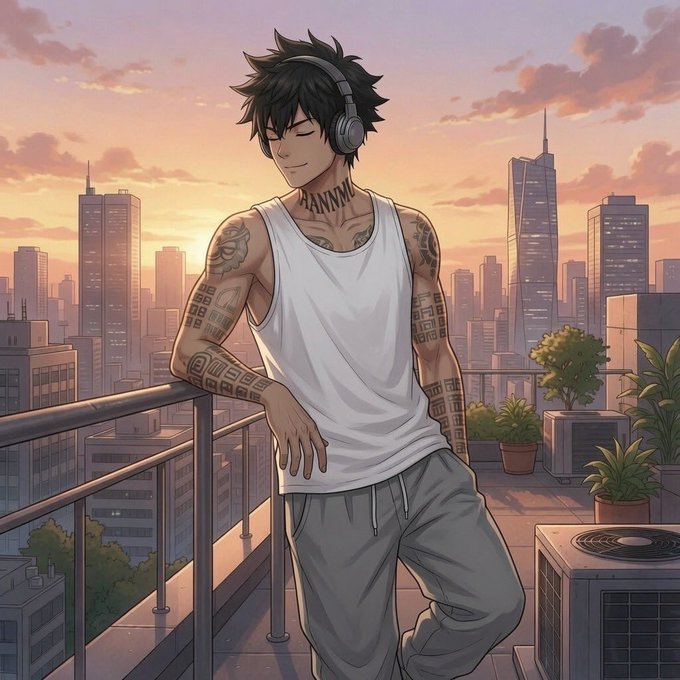 An anime-style illustration of a young man with spiky black hair, tattoos, and headphones, wearing a white tank top and gray pants while leaning against a railing on a rooftop overlooking a city skyline at sunset.