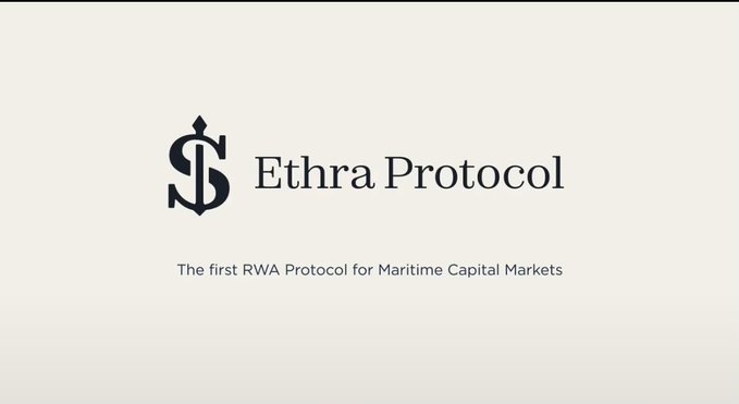A minimalist logo card for "Ethra Protocol" featuring a stylized "S$" emblem in dark navy on a cream background, with the tagline "The first RWA Protocol for Maritime Capital Markets" displayed beneath the company name. The branding directly supports the post's bullish take, visually presenting Ethra as the pioneering platform tokenizing the massive maritime trade sector referenced.