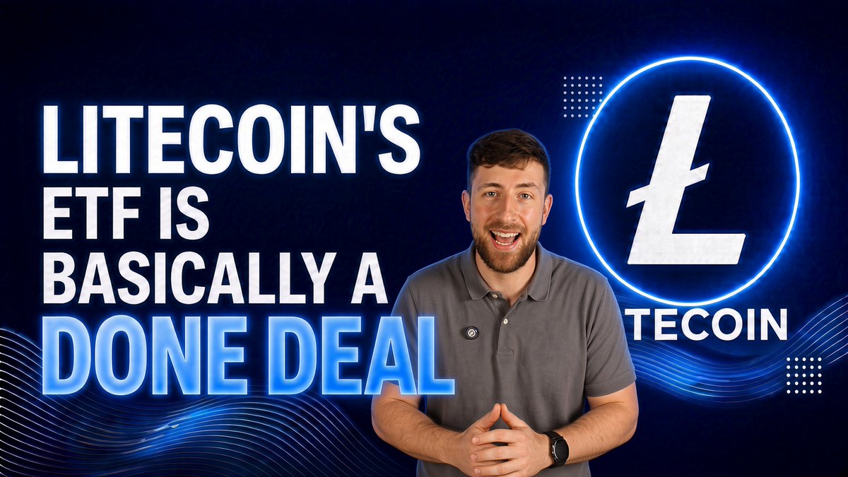 A YouTube thumbnail featuring a bearded man in a gray polo shirt with text reading 'LITECOIN'S ETF IS BASICALLY A DONE DEAL' alongside a glowing Litecoin logo.