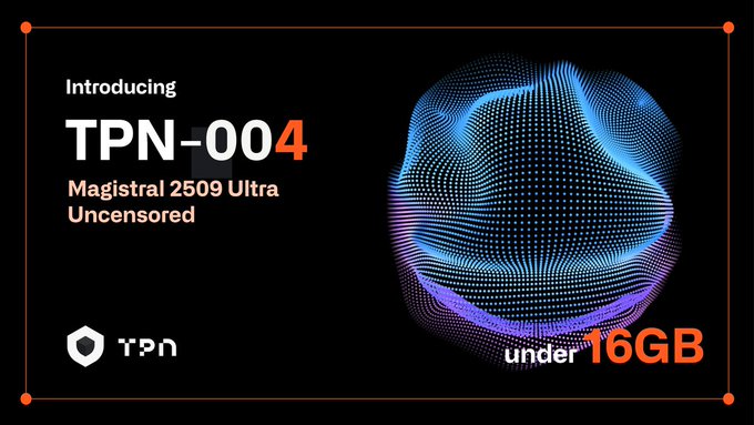 Promotional graphic for TPN-004 featuring "Magistral 2509 Ultra Uncensored," highlighting the compression goal of fitting the model "under 16GB," aligned with the post announcing Subnet 65's fourth quantization competition.