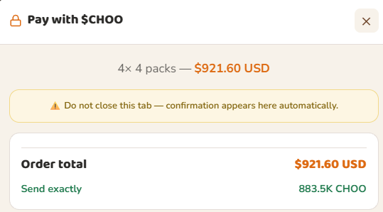 A “Pay with $CHOO” checkout screen shows a purchase of 4 × 4 packs for $921.60 USD, with an order total of $921.60 USD and an instruction to send exactly 883.5K CHOO. The image provides payment confirmation for the post about buying BPC157 and TB500 peptides for a 10-year-old dog with arthritis.