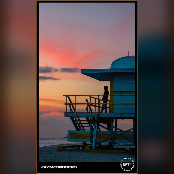 An NFT artwork credited to 'JAYMESROGERS' showing the silhouette of a person standing on a colorful lifeguard tower against a sunset sky, certified by 'CERTIFIED AT ETHEREUM NFT'.