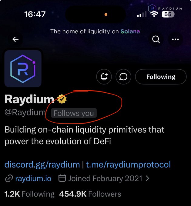 A screenshot of the Raydium (@Raydium) Twitter/X profile showing 454.9K followers, with a red circle highlighting the "Follows you" badge to confirm the mutual follow referenced in the caption.