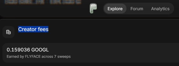 Screenshot showing Creator fees of 0.159036 GOOGL earned by FLYFACE across 7 sweeps, with Explore, Forum, and Analytics navigation tabs visible.