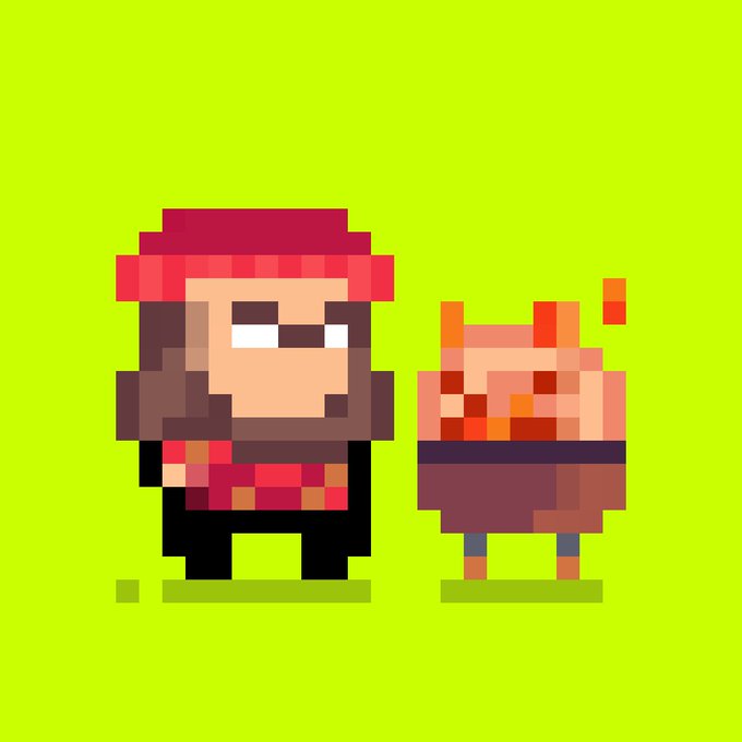 Pixel art on a green background depicts a character with a red hat and beard standing next to a large brown character wearing a red and white striped shirt.
