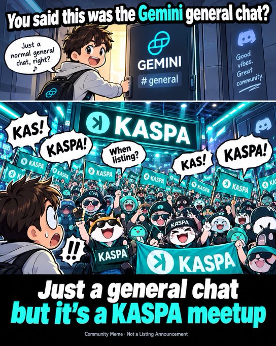 Anime-style meme comic captioned 'You said this was the Gemini general chat?' showing a confused boy opening a door labeled 'GEMINI #general' to reveal a massive crowd cheering for KASPA, with the punchline 'Just a general chat but it's a KASPA meetup'.