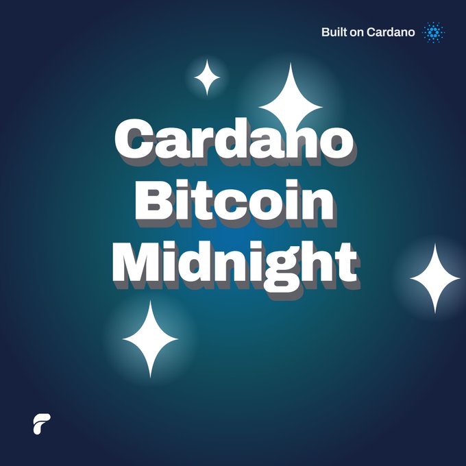 A graphic displaying the text 'Cardano Bitcoin Midnight' with 'Built on Cardano' in the top right corner, set against a dark blue background with sparkle decorations.