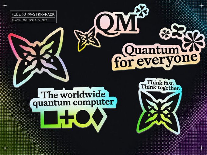 The image features a collection of stickers with various designs and text related to Quantum Computing. The stickers include words like "quip", "QM", "Quantum", "For everyone", "The worldwide quantum computer", "Think fast, think together", and "The mission behind @quipnetwork centers on building a decentralized, globally accessible quantum computer". These stickers are arranged in a row against a black background. The image also includes text that reads: "Focus on what is in the image and how it relates to the post".