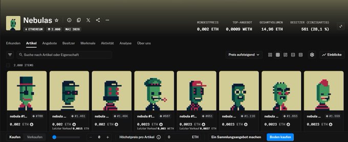 A screenshot of an NFT marketplace displaying a collection called 'Nebulas' with pixelated green zombie-like characters priced in ETH, showing collection stats including 14.98 ETH total volume.