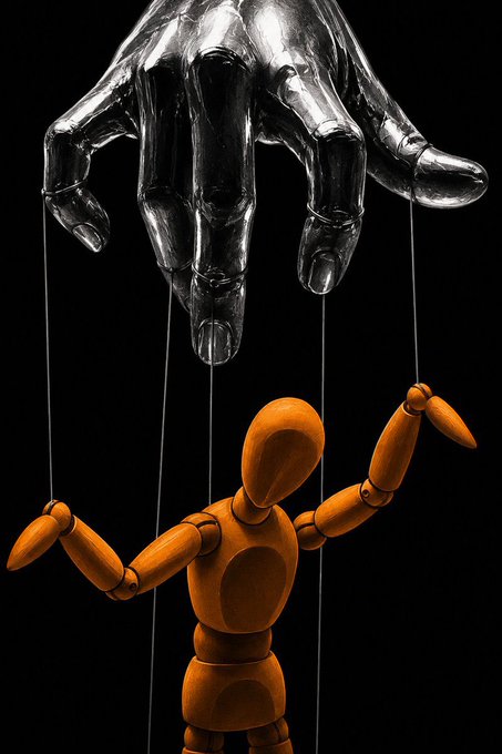 A wooden artist's mannequin dangles from strings controlled by a large metallic hand above, symbolizing how money has historically been a passive tool manipulated entirely by human hands. The image visually reinforces the post's theme of money's traditional lack of autonomy, depicting the puppet-like dependence of financial instruments on external control.