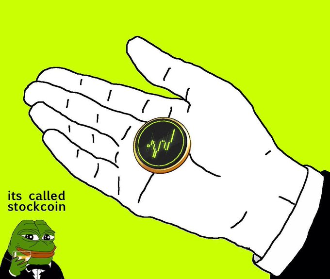 A cartoon hand holding a coin with a stock chart symbol, accompanied by text 'its called stockcoin' and a small Pepe the Frog image dressed in a tuxedo holding a cocktail.