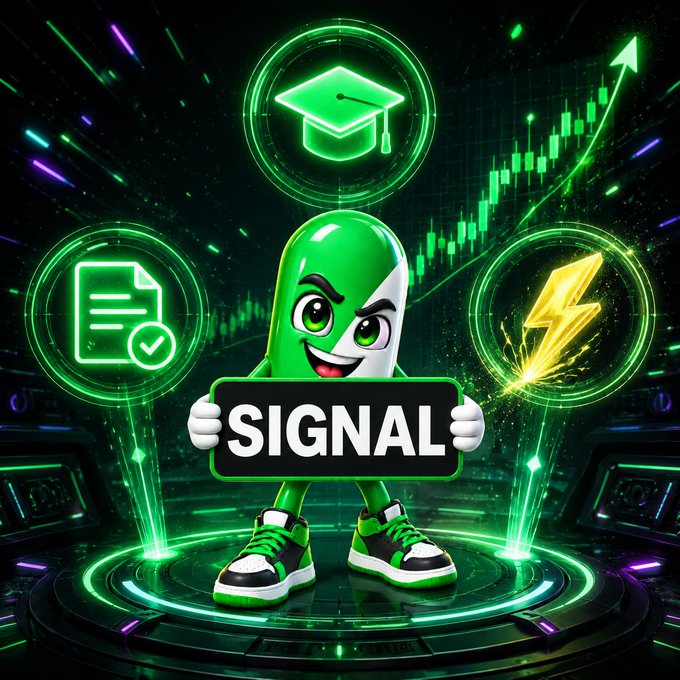 A green cartoon mascot character holding a sign that reads 'SIGNAL', surrounded by glowing icons of a graduation cap, a document with a checkmark, and a lightning bolt, with a rising green stock chart in the background.