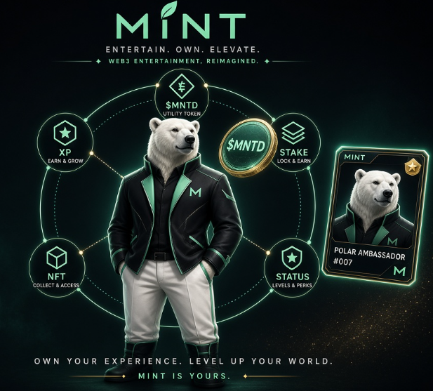 The image is a promotional graphic for "MINT," featuring an anthropomorphic polar bear in a teal and black jacket at the center, surrounded by interconnected feature icons including $MNTD (Utility Token), XP (Earn & Grow), NFT (Collect & Access), Stake (Lock & Earn), and Status (Levels & Perks), with a "Polar Ambassador #007" NFT card displayed on the right.

This ties to the post by showcasing the MINT ecosystem and XP system that the leaderboard is based on, reinforcing the message that genuine engagement with these features (like earning XP through gameplay) is what builds real contribution rather than just frequent posting.