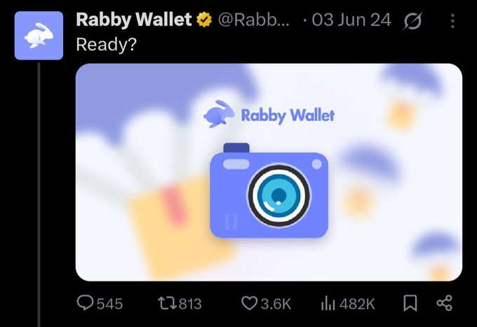 Rabby Wallet (@Rabb...) tweeted "Ready?" on June 3, 2024, featuring an animated image of a camera with the Rabby Wallet logo, garnering 545 replies, 813 retweets, 3.6K likes, and 482K views.