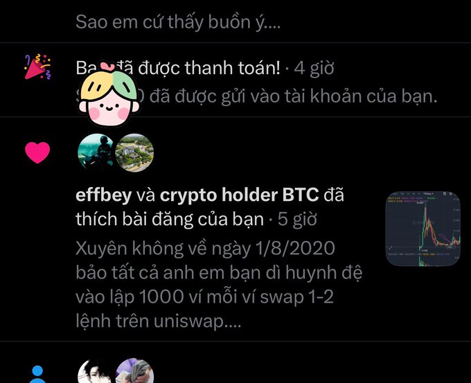 A social media comment thread in Vietnamese discussing a payment notification of an unspecified amount and a nostalgic post about August 1, 2020 involving Uniswap swaps.